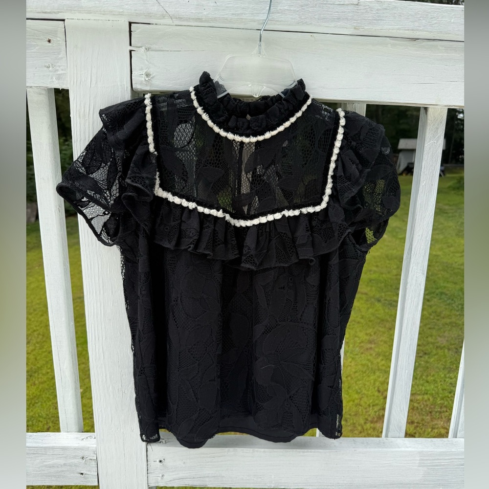 Zara Black Lace Blouse with Ruffle Detail - size medium
